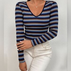 SHEIN | Women | Size L | Y2K Striped Long Sleeve Cropped Shirt
